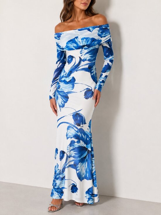 Premier Amour Dresses & Skirts - Elegant Floral Off-Shoulder Dress (Blue & White)